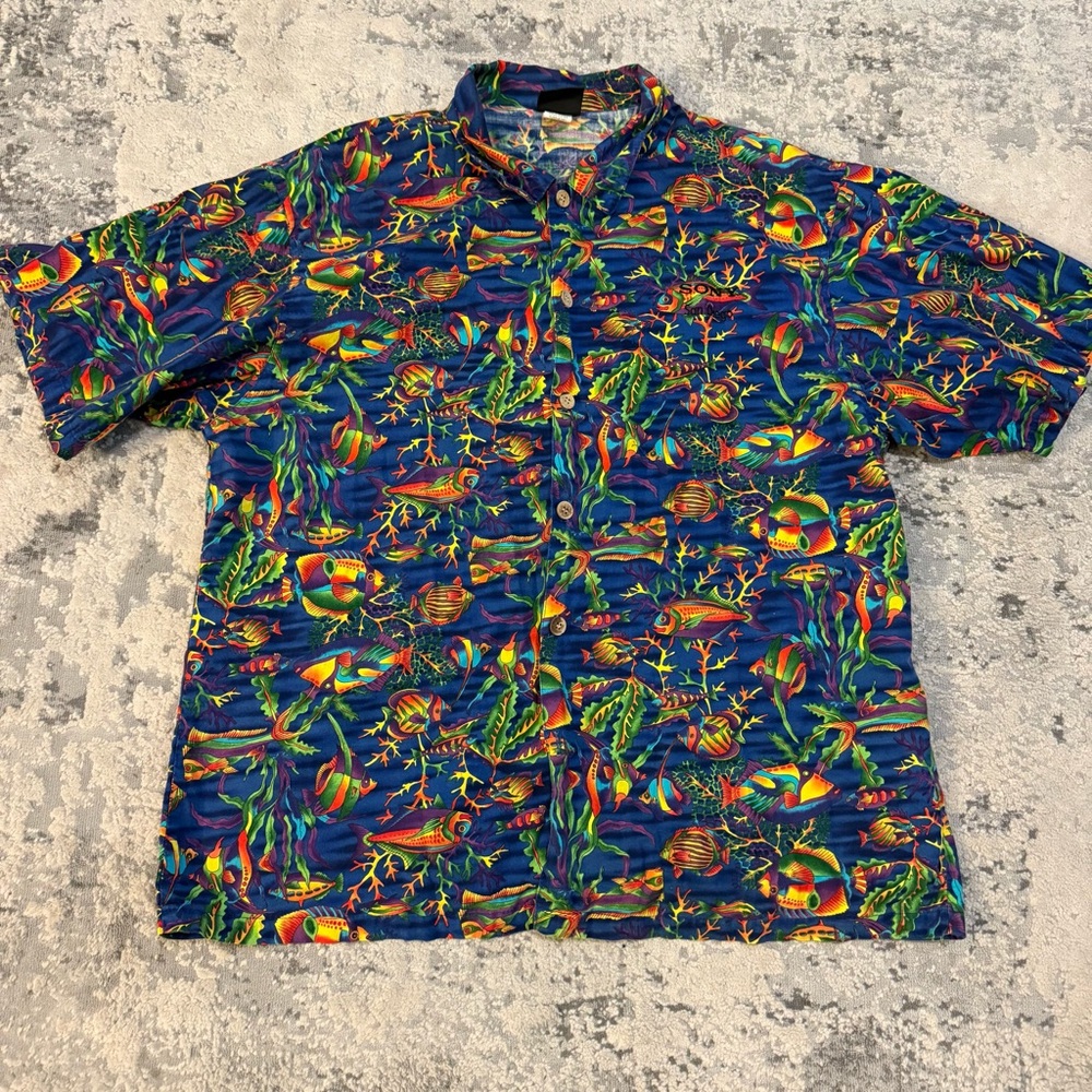 Toucan Dance VTG Hawaiian Shirt TROPICAL FISH Reef Aquarium Sony San Diego Large